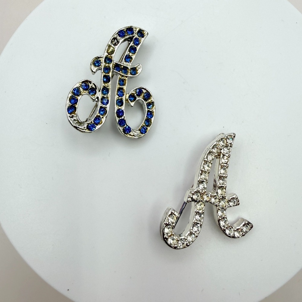 Vintage Silver Tone Initial A Brooch Pin with Rhinestone Monogram